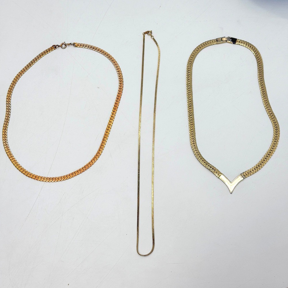 Vintage Gold Tone Necklace Lot Herringbone Curb Link Chevron V Shape 3 Piece Set